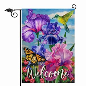 Hzppyz Welcome Spring Hummingbird Iris Garden Flag Double Sided, Purple Flower Bird Yellow Butterfly Decorative House Yard Outdoor Small Decor, Summer Floral Arrangement Home Outside Decoration 12x18