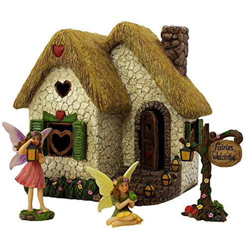 PRETMANNS Fairy Garden House Kit – Fairy Garden Accessories – Fairy Houses for Gardens Outdoor - Fairy House Kit with Fairies for Fairy Garden – Fairy House 7" High - Fairy Garden Kit 4 Pieces