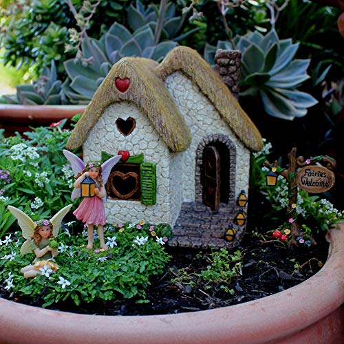 PRETMANNS Fairy Garden House Kit – Fairy Garden Accessories – Fairy Houses for Gardens Outdoor - Fairy House Kit with Fairies for Fairy Garden – Fairy House 7" High - Fairy Garden Kit 4 Pieces