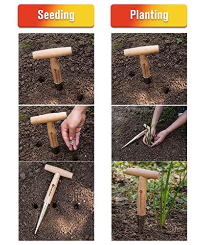 RainboWiner Garden Hand Dibber with Measurements, Bulb Planter Tool - 11 Inch Wooden Handle Stainless Steel Handheld Gardening Dibbler for Garlic Tulip Daffodil Vegetable Seed Planting