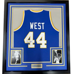 framed autographed/signed jerry west 33×42 west virginia blue college basketball jersey jsa coa