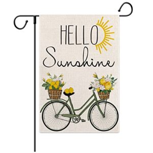 eddert hello sunshine watercolor bicycle garden flag 12 x 18 inch double sided outside, spring summer lemon holiday burlap small yard outdoor decoration