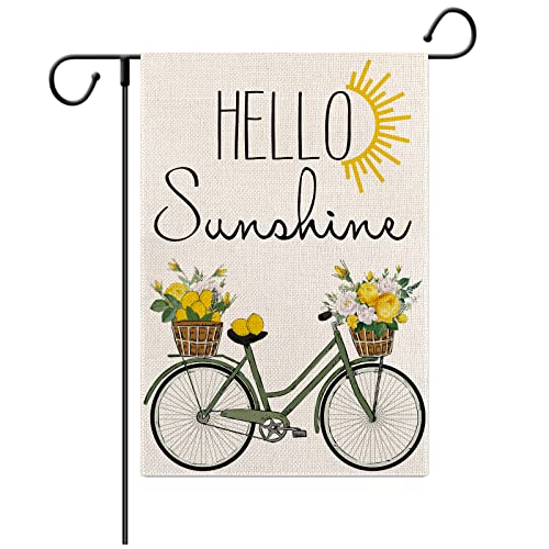 EDDERT Hello Sunshine Watercolor Bicycle Garden Flag 12 x 18 Inch Double Sided Outside, Spring Summer Lemon Holiday Burlap Small Yard Outdoor Decoration