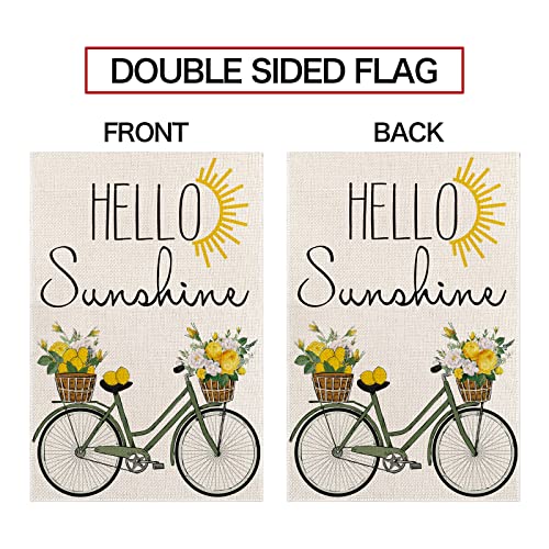 EDDERT Hello Sunshine Watercolor Bicycle Garden Flag 12 x 18 Inch Double Sided Outside, Spring Summer Lemon Holiday Burlap Small Yard Outdoor Decoration