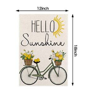 EDDERT Hello Sunshine Watercolor Bicycle Garden Flag 12 x 18 Inch Double Sided Outside, Spring Summer Lemon Holiday Burlap Small Yard Outdoor Decoration