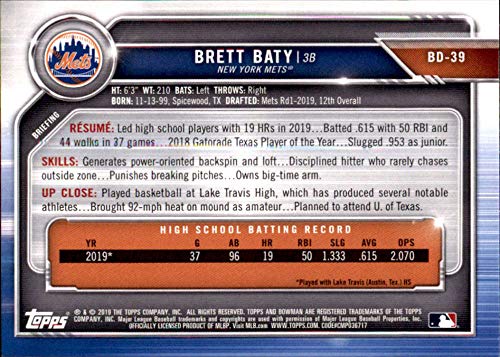 2019 Bowman Draft Baseball #BD-39 Brett Baty New York Mets Official MLB Trading Card produced by Topps