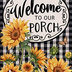 Covido Home Decorative Welcome to Our Porch Spring Sunflower Garden Flag, Summer Black White Buffalo Plaid Check Yard Outside Decoration, Autumn Farmhouse Outdoor Small Decor 12 x 18