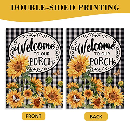 Covido Home Decorative Welcome to Our Porch Spring Sunflower Garden Flag, Summer Black White Buffalo Plaid Check Yard Outside Decoration, Autumn Farmhouse Outdoor Small Decor 12 x 18