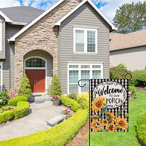 Covido Home Decorative Welcome to Our Porch Spring Sunflower Garden Flag, Summer Black White Buffalo Plaid Check Yard Outside Decoration, Autumn Farmhouse Outdoor Small Decor 12 x 18