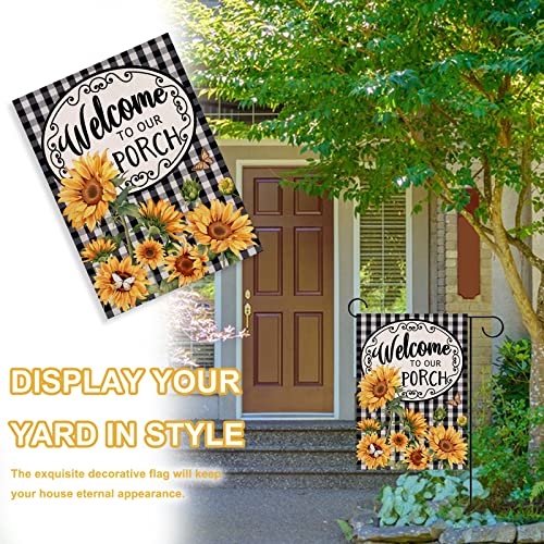 Covido Home Decorative Welcome to Our Porch Spring Sunflower Garden Flag, Summer Black White Buffalo Plaid Check Yard Outside Decoration, Autumn Farmhouse Outdoor Small Decor 12 x 18