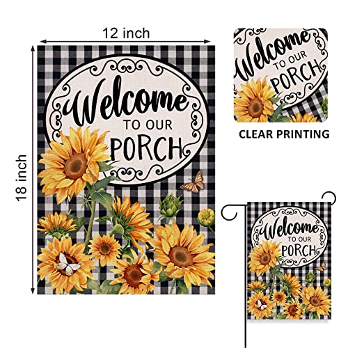 Covido Home Decorative Welcome to Our Porch Spring Sunflower Garden Flag, Summer Black White Buffalo Plaid Check Yard Outside Decoration, Autumn Farmhouse Outdoor Small Decor 12 x 18