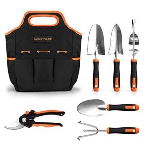 garden tools, engindot 7 pcs stainless steel heavy duty multi garden tool set, gardening tools with water proof and never mould tote, gardening gifts for men and women, indoor and outdoor plant