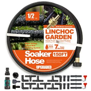soaker hose 150 ft for garden beds,solid brass connector 1/2″ round soaker garden hose kit,heavy duty water hose great for vegetable beds,lawn and plants