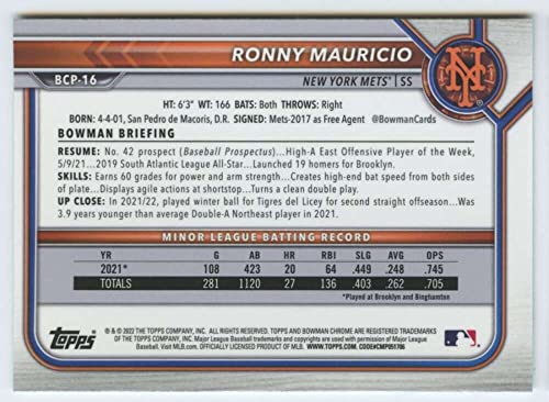 2022 BOWMAN CHROME PROSPECTS #BCP-16 RONNY MAURICIO METS BASEBALL MLB