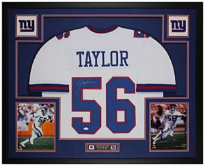 lawrence taylor autographed white new york jersey – beautifully matted and framed – hand signed by taylor and certified authentic by jsa – includes certificate of authenticity