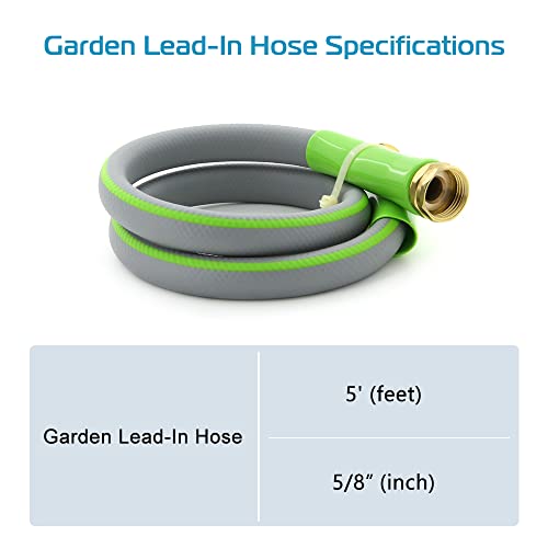 Garden Lead-in Water Hose 5/8" Inch x 5' Foot Heavy Duty Flexible Water Hose, Garden hose Extender / Hose Reel Connector Max Pressure 150 PSI/10 BAR with 3/4" GHT Fittings