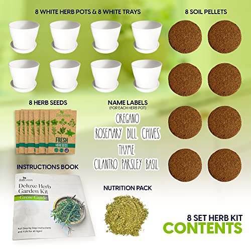 Deluxe Herb Garden Kit – 8 Variety Herbs for Indoor & Outdoor – Get Growing w/Pots, Potting Soil, and Detailed Gardening Guide for Window Herb Garden - DIY Gardening Kit Gift for Women & Men