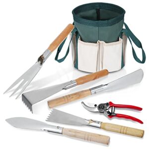 makaduo garden tool set with bag 7 piece stainless steel heavy duty gardening tools set with wood handle gardening hand tools kit with pruning shear for planting gardening gift for women men