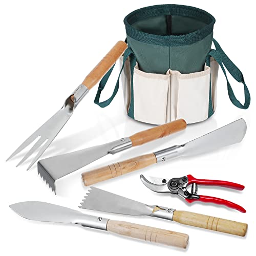 Makaduo Garden Tool Set with Bag 7 Piece Stainless Steel Heavy Duty Gardening Tools Set with Wood Handle Gardening Hand Tools kit with Pruning Shear for Planting Gardening Gift for Women Men