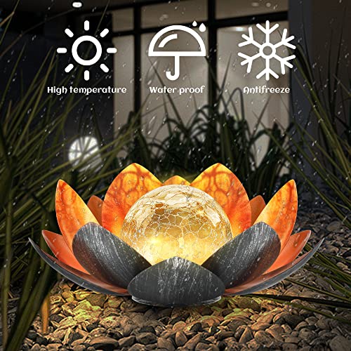 QZHP Outdoor Solar Lights, Garden Decor, Crackle Glass Globe, Waterproof Metal Lotus Flower Light for Patio, Lawn, Walkway, Tabletop, Ground