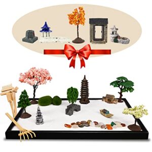 14″ x 10″ large japanese zen garden for desk – zen garden kit with 25+ accessories – sand garden decoration included sand tray,zen garden rake, trees,incense burner,door,well,bridge zen gifts women