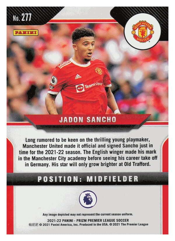 2021-22 PANINI PRIZM PREMIER LEAGUE #277 JADON SANCHO MANCHESTER UNITED SOCCER OFFICIAL TRADING CARD OF THE PRO