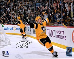 jake guentzel pittsburgh penguins autographed 8″ x 10″ gold jersey goal celebration photograph – autographed nhl photos