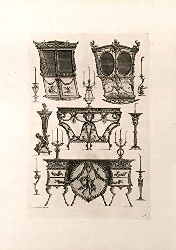 [Plate of neo-Classical designs for one furniture and candlestick, and a sedan chair, from"Diverse maniere d'adornare i cammini ed ogni altra parte degli edifizi".