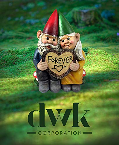 DWK World of Wonders Gnome & Forever - Adorable Hand-Painted Gnome Couple in Love with Heart-Shaped Forever Wood Slice Indoor Outdoor Figurine Cute Romantic Home Garden Patio Lawn Accent, 6.5-inch