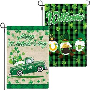 boao 2 pieces st patrick’s day garden flag 18 x 12 inch saint patty’s day welcome gnome irish green shamrock flag double sided decorative shamrock truck yard flag for garden home decoration