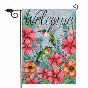 hzppyz welcome spring garden flag hummingbird, decorative house yard lawn outdoor small burlap bird flag flower decor, vintage summer farmhouse seasonal outside decorations double sided 12 x 18