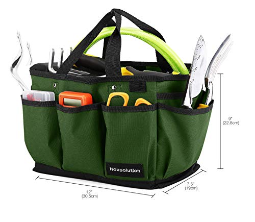 Housolution Gardening Tote Bag, Deluxe Garden Tool Storage Bag and Home Organizer with Pockets, Wear-resistant & Reusable, 12 Inch, Dark Green