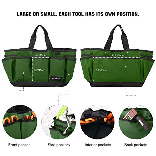 Housolution Gardening Tote Bag, Deluxe Garden Tool Storage Bag and Home Organizer with Pockets, Wear-resistant & Reusable, 12 Inch, Dark Green