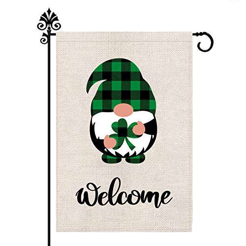 St Patricks Day Garden Flag Welcome Shamrocks Gnome Vertical Double Sided Gnomes Outdoor Yard Decoration 12x 18 Inch