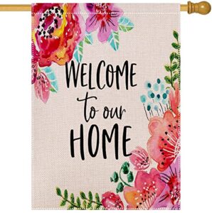 hugsvik burlap welcome house flags 28 x 40, double-sided welcome to our home garden flags for outside, flower spring garden flags yard flags for spring summer holiday garden backyard lawn