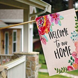 HUGSVIK Burlap Welcome House Flags 28 x 40, Double-sided Welcome to Our Home Garden Flags for Outside, Flower Spring Garden Flags Yard Flags for Spring Summer Holiday Garden Backyard Lawn