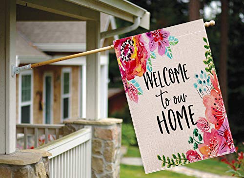 HUGSVIK Burlap Welcome House Flags 28 x 40, Double-sided Welcome to Our Home Garden Flags for Outside, Flower Spring Garden Flags Yard Flags for Spring Summer Holiday Garden Backyard Lawn