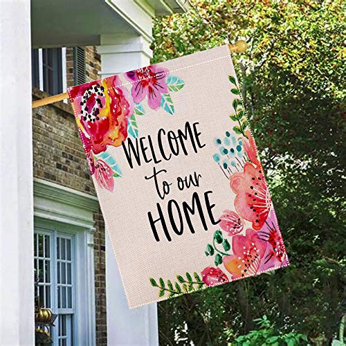 HUGSVIK Burlap Welcome House Flags 28 x 40, Double-sided Welcome to Our Home Garden Flags for Outside, Flower Spring Garden Flags Yard Flags for Spring Summer Holiday Garden Backyard Lawn