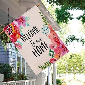 HUGSVIK Burlap Welcome House Flags 28 x 40, Double-sided Welcome to Our Home Garden Flags for Outside, Flower Spring Garden Flags Yard Flags for Spring Summer Holiday Garden Backyard Lawn