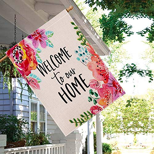 HUGSVIK Burlap Welcome House Flags 28 x 40, Double-sided Welcome to Our Home Garden Flags for Outside, Flower Spring Garden Flags Yard Flags for Spring Summer Holiday Garden Backyard Lawn