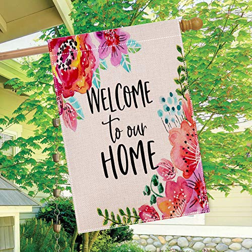 HUGSVIK Burlap Welcome House Flags 28 x 40, Double-sided Welcome to Our Home Garden Flags for Outside, Flower Spring Garden Flags Yard Flags for Spring Summer Holiday Garden Backyard Lawn