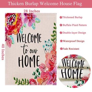 HUGSVIK Burlap Welcome House Flags 28 x 40, Double-sided Welcome to Our Home Garden Flags for Outside, Flower Spring Garden Flags Yard Flags for Spring Summer Holiday Garden Backyard Lawn