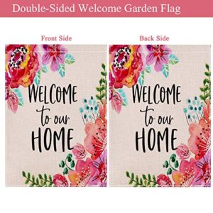 HUGSVIK Burlap Welcome House Flags 28 x 40, Double-sided Welcome to Our Home Garden Flags for Outside, Flower Spring Garden Flags Yard Flags for Spring Summer Holiday Garden Backyard Lawn