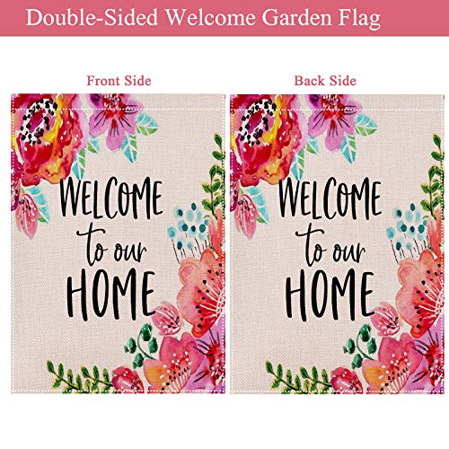 HUGSVIK Burlap Welcome House Flags 28 x 40, Double-sided Welcome to Our Home Garden Flags for Outside, Flower Spring Garden Flags Yard Flags for Spring Summer Holiday Garden Backyard Lawn