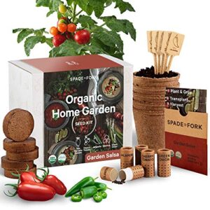 organic indoor salsa garden starter kit – made in usa – certified usda organic – 5 seed types san marzano & cherry tomato, jalapeño, cilantro, green onion – potting soil, indoor herb garden kit