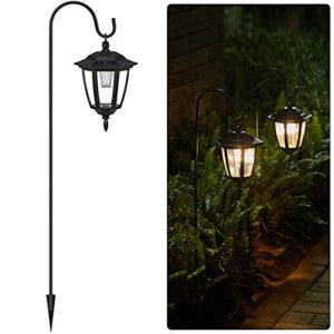 brightown solar pathway lights outdoor waterproof 2 pack 38.5 inch shepherd hook with hanging lantern bright driveway markers black lamp post for garden path front outside patio yard 3000k warm white