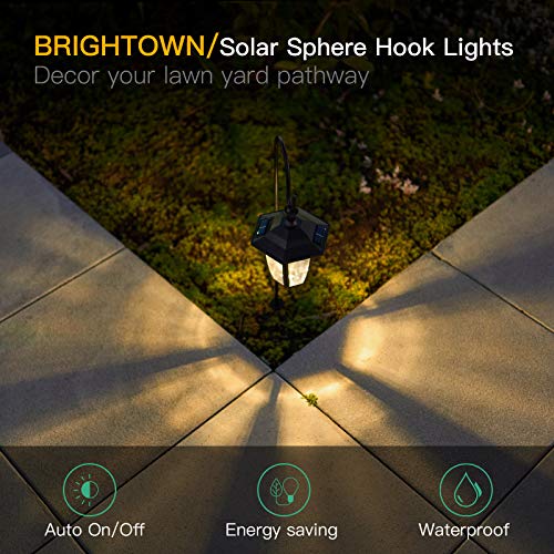 Brightown Solar Pathway Lights Outdoor Waterproof 2 Pack 38.5 Inch Shepherd Hook with Hanging Lantern Bright Driveway Markers Black Lamp Post for Garden Path Front Outside Patio Yard 3000K Warm White