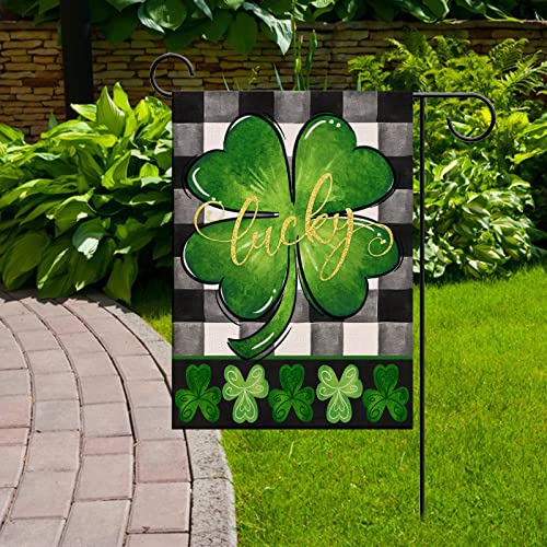 Artofy St Patricks Day Shamrock Small Decorative Garden Flag, Lucky Clover Irish Yard Lawn Outside Decor, Buffalo Plaid Check Farmhouse Outdoor Home Decoration Double Sided 12 x 18