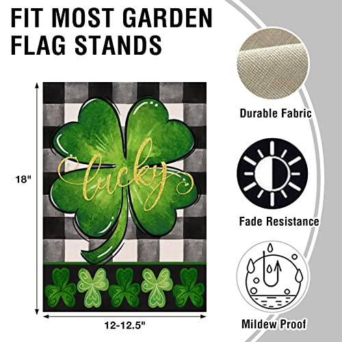 Artofy St Patricks Day Shamrock Small Decorative Garden Flag, Lucky Clover Irish Yard Lawn Outside Decor, Buffalo Plaid Check Farmhouse Outdoor Home Decoration Double Sided 12 x 18