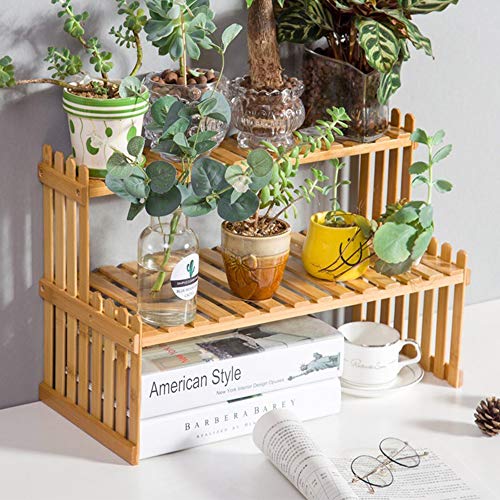 Lawei 2 Tier Table Top Bamboo Plant Stand - Desktop Flower Shelf Rack Flower Pot Display Stand for Indoor Outdoor Home Patio Lawn Garden Balcony Organizer Planter Holder